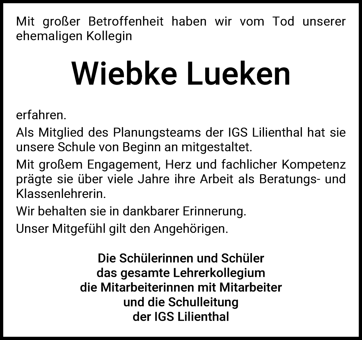 Traueranzeige von Wiebke Lueken von Wuemme Zeitung
