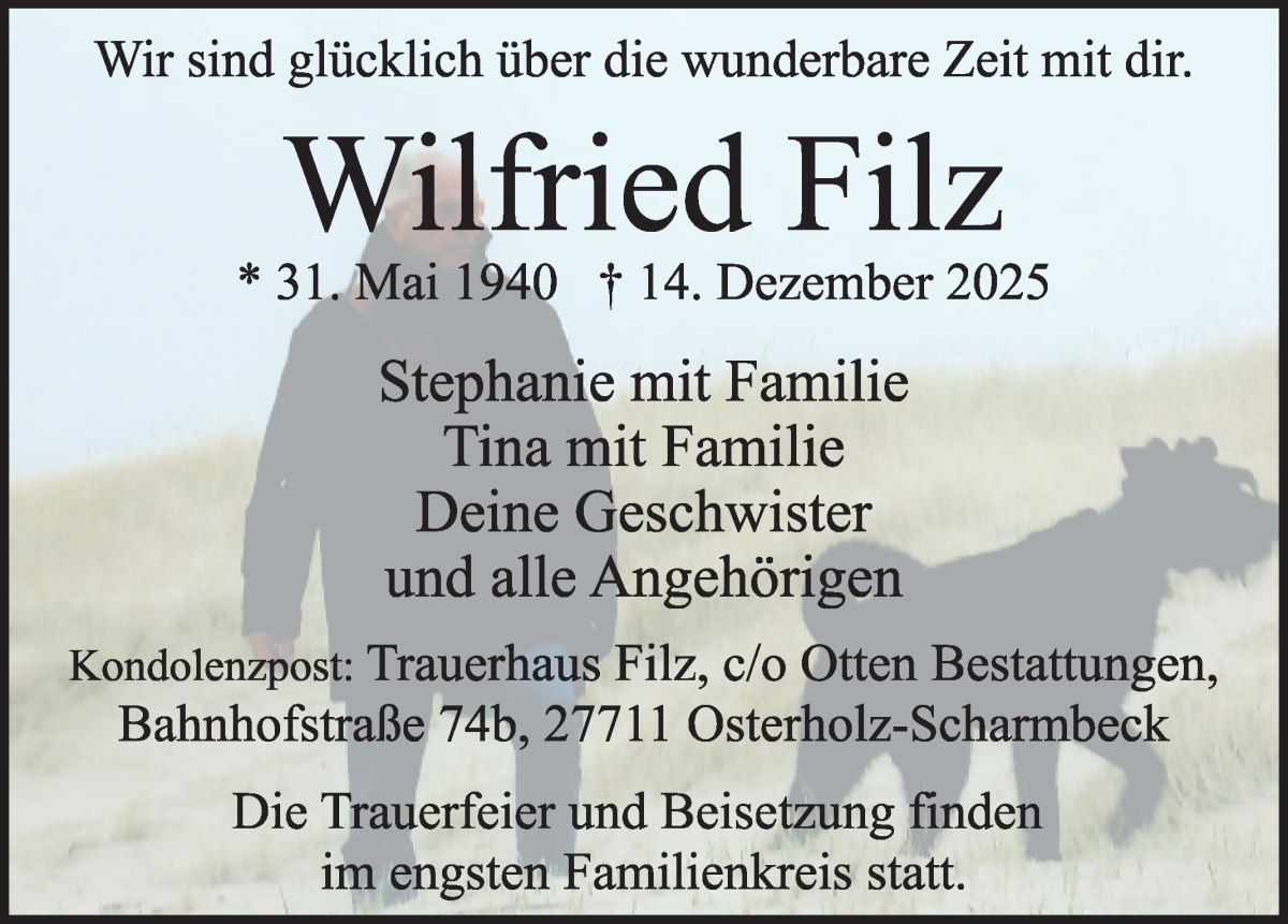 Traueranzeige von Wilfried Filz von Osterholzer Kreisblatt