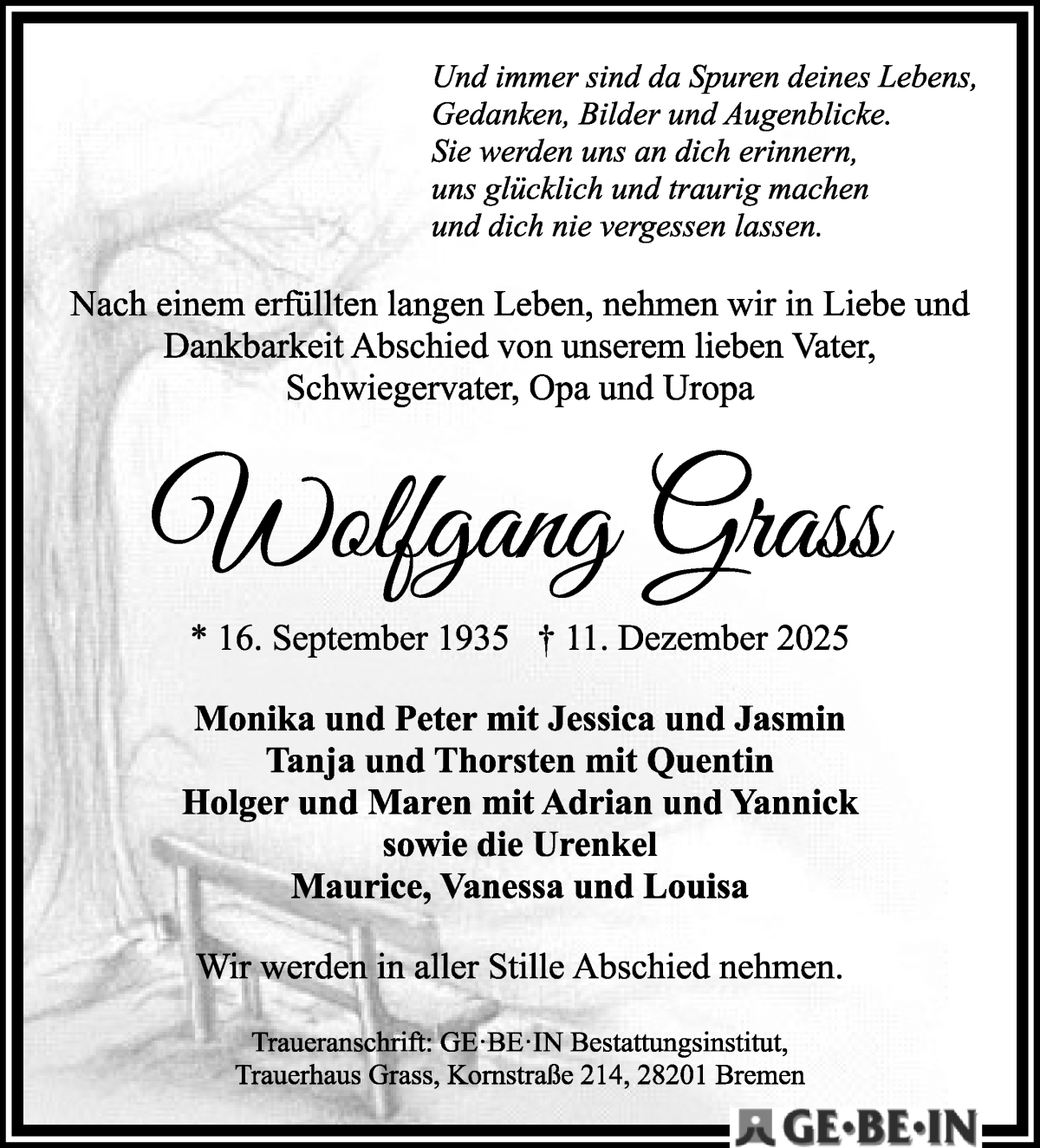 Traueranzeige von Wolfgang Grass von WESER-KURIER