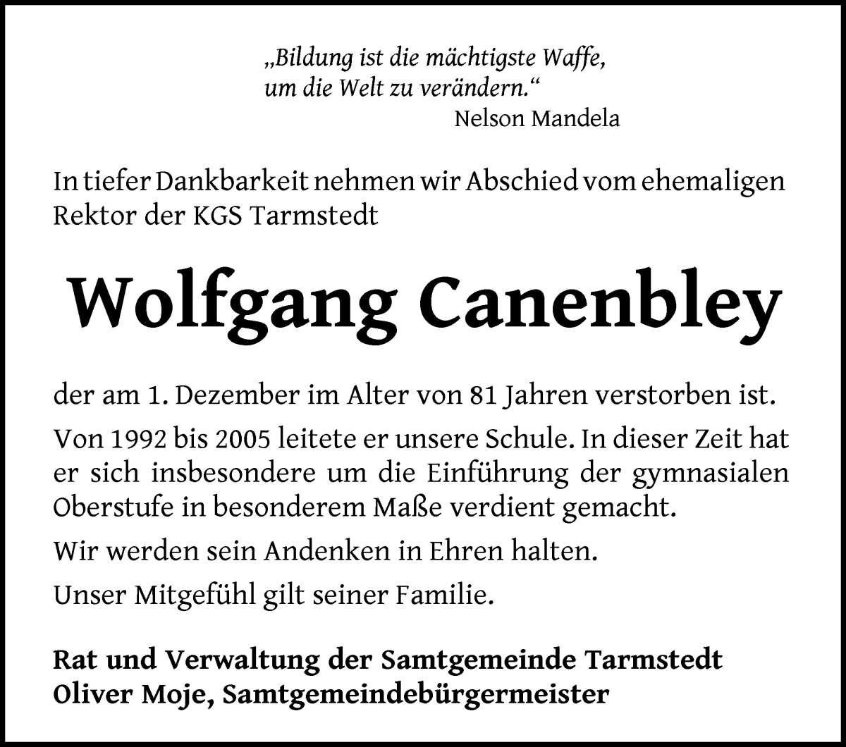 Traueranzeige von Wolfgang Canenbley von Wuemme Zeitung