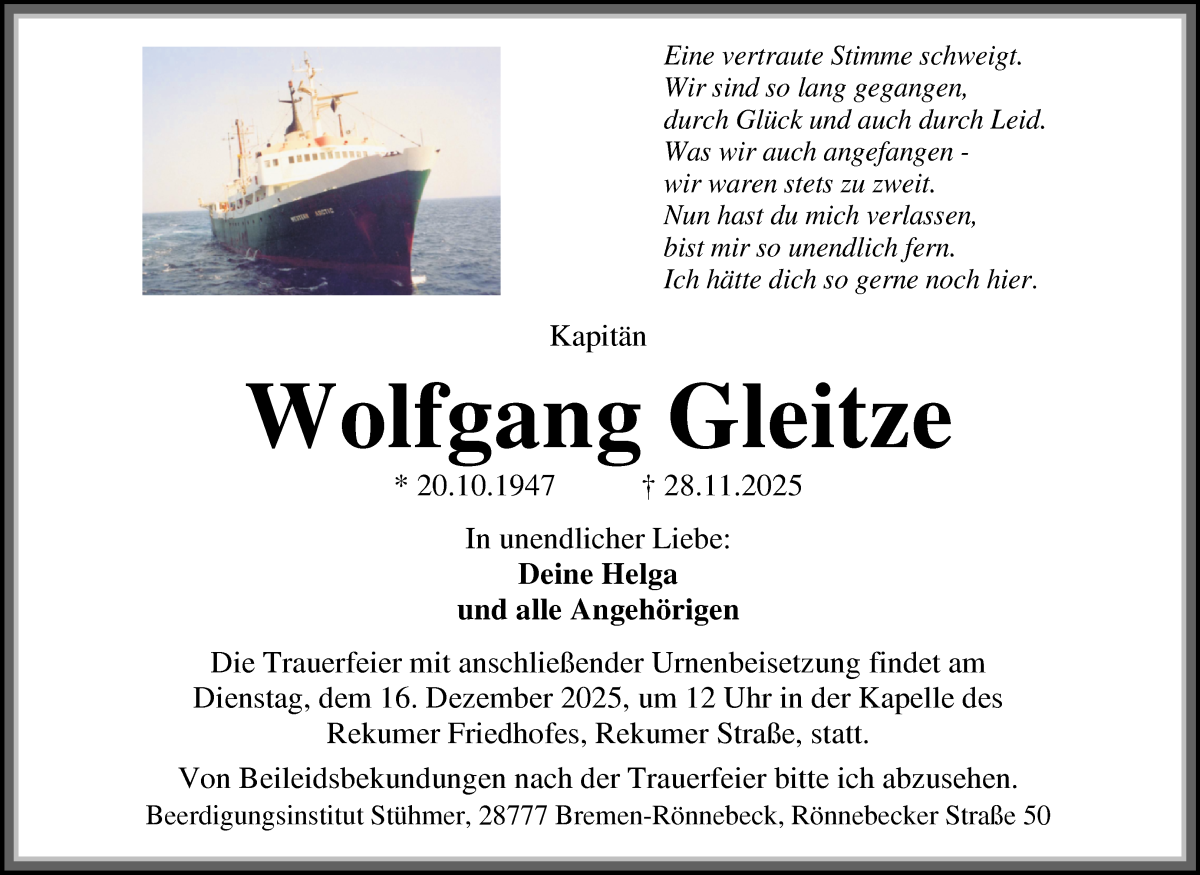 Traueranzeige von Wolfgang Gleitze von Die Norddeutsche