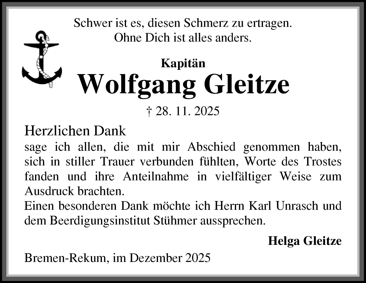 Traueranzeige von Wolfgang Gleitze von Die Norddeutsche