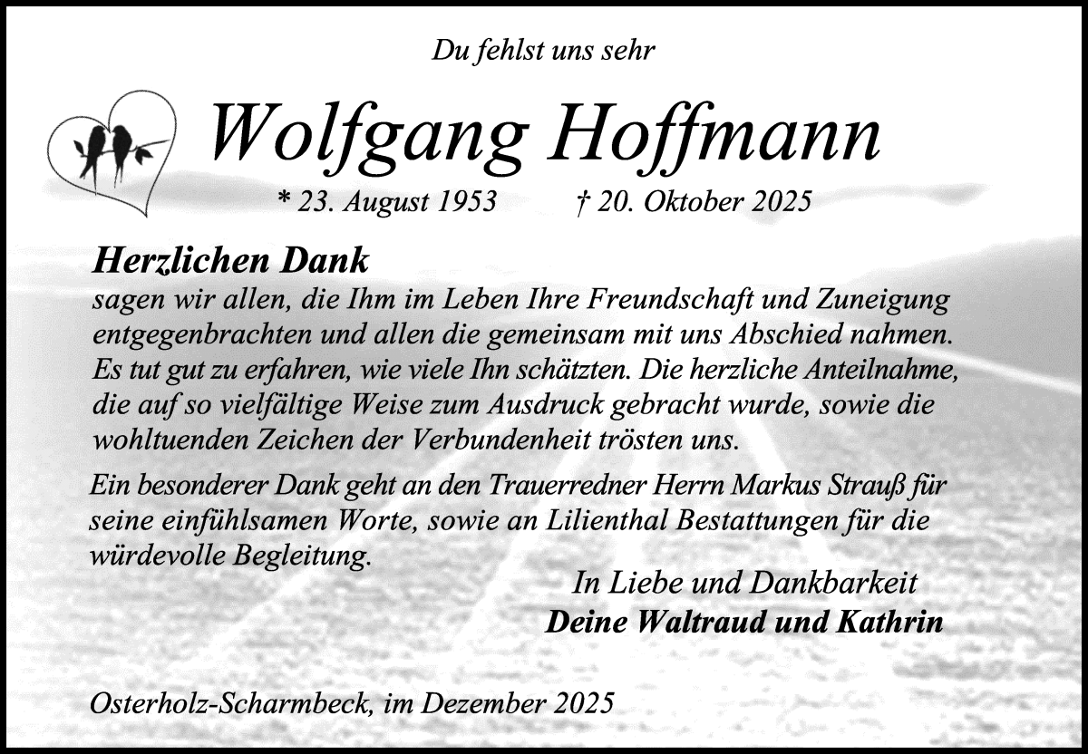 Traueranzeige von Wolfgang Hoffmann von Osterholzer Kreisblatt