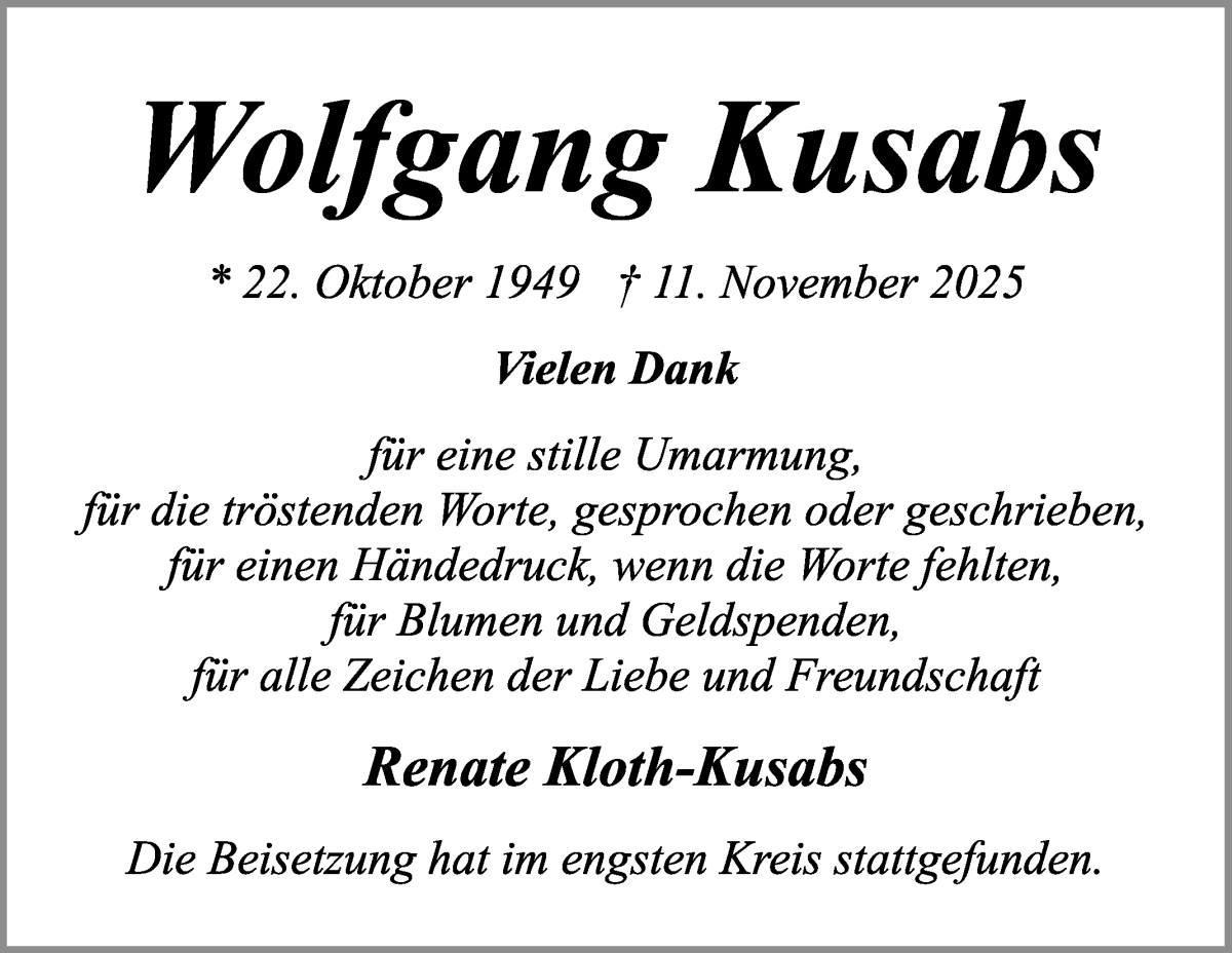 Traueranzeige von Wolfgang Kusabs von WESER-KURIER