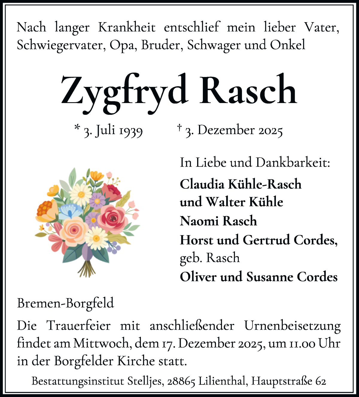 Traueranzeige von Zygfryd Rasch von Wuemme Zeitung