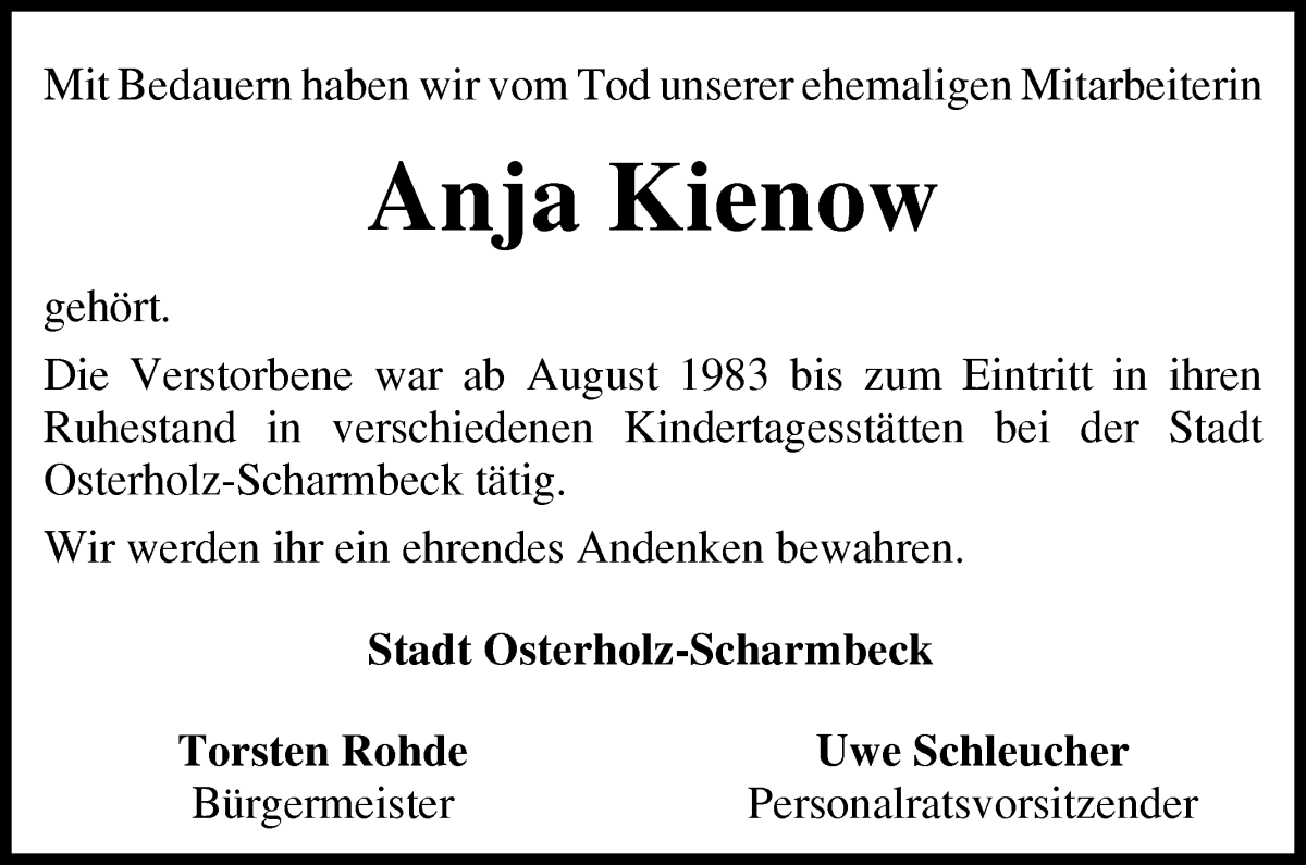 Traueranzeige von Anja Kienow von Osterholzer Kreisblatt