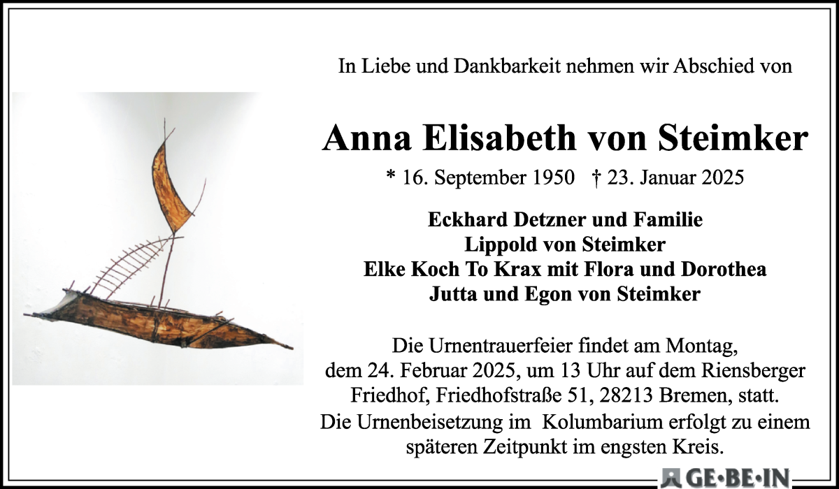 Traueranzeige von Anna Elisabeth von Steimker von WESER-KURIER