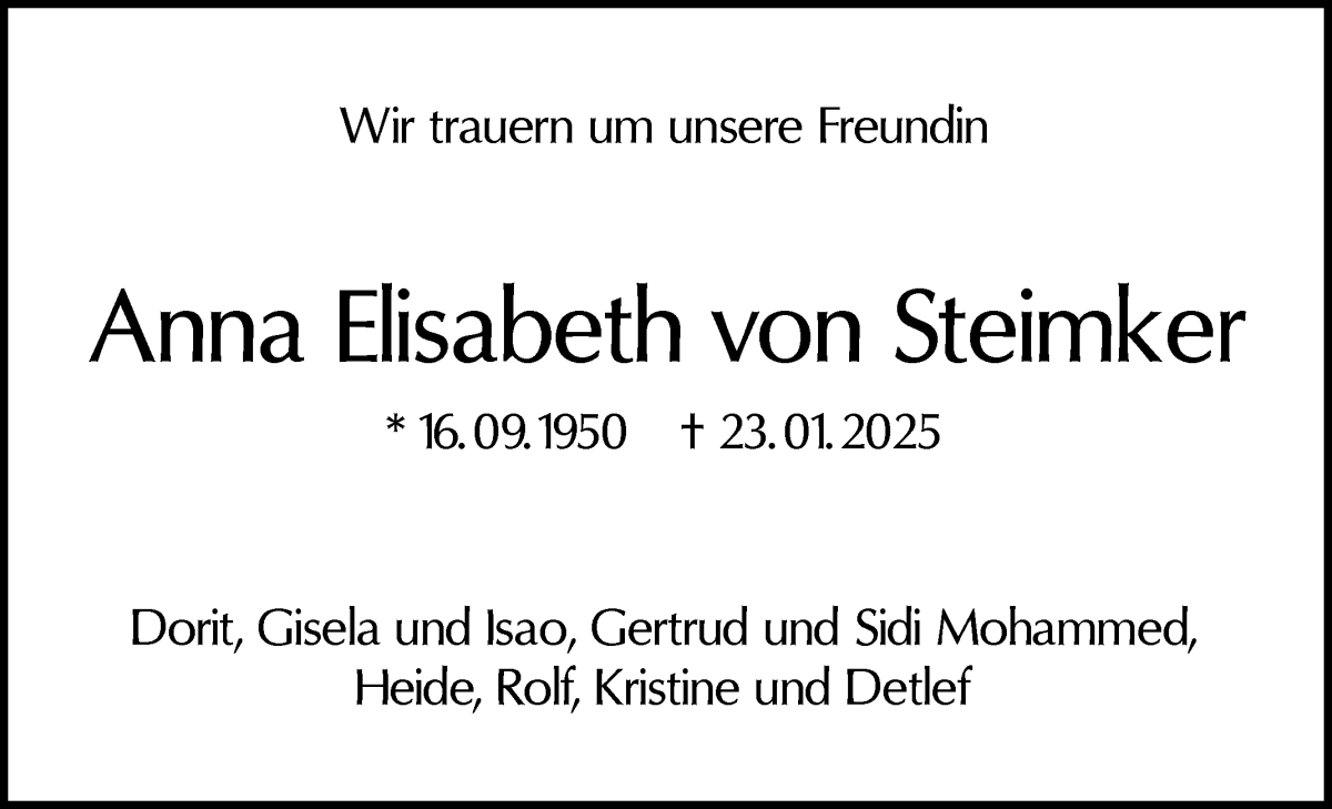 Traueranzeige von Anna Elisabeth von Steimker von WESER-KURIER
