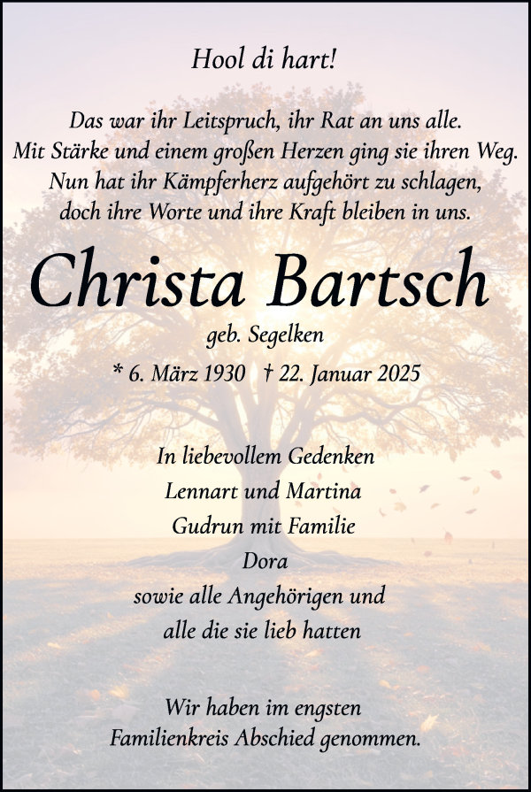 Traueranzeige von Christa Bartsch von WESER-KURIER