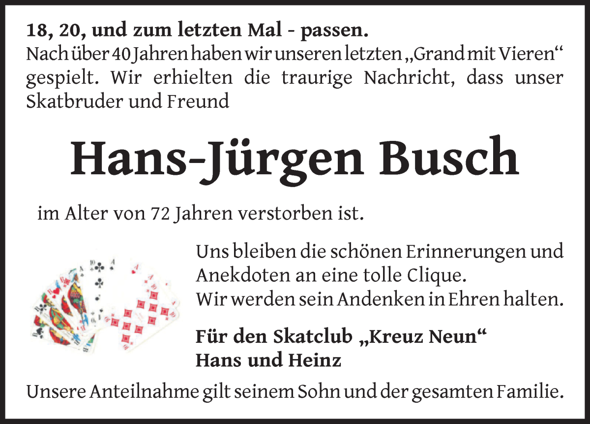Traueranzeige von Haans-Jürgen Busch von Wuemme Zeitung