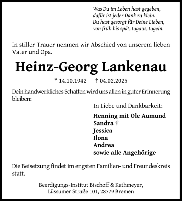 Traueranzeige von Heinz-Georg Lankenau von Die Norddeutsche