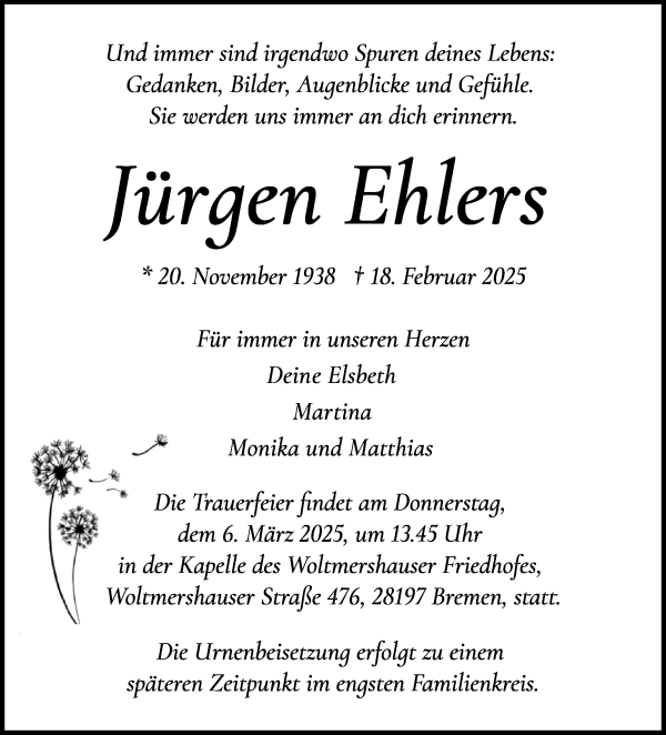 Traueranzeige von Jürgen Ehlers von WESER-KURIER