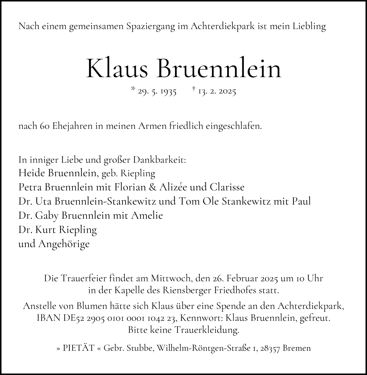  Traueranzeige für Klaus Bruennlein vom 22.02.2025 aus WESER-KURIER