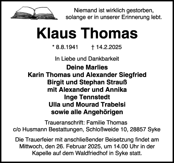 Traueranzeige von Klaus Thomas von WESER-KURIER