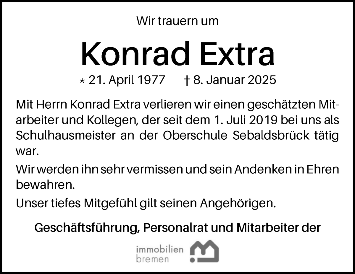 Traueranzeige von Konrad Extra von WESER-KURIER