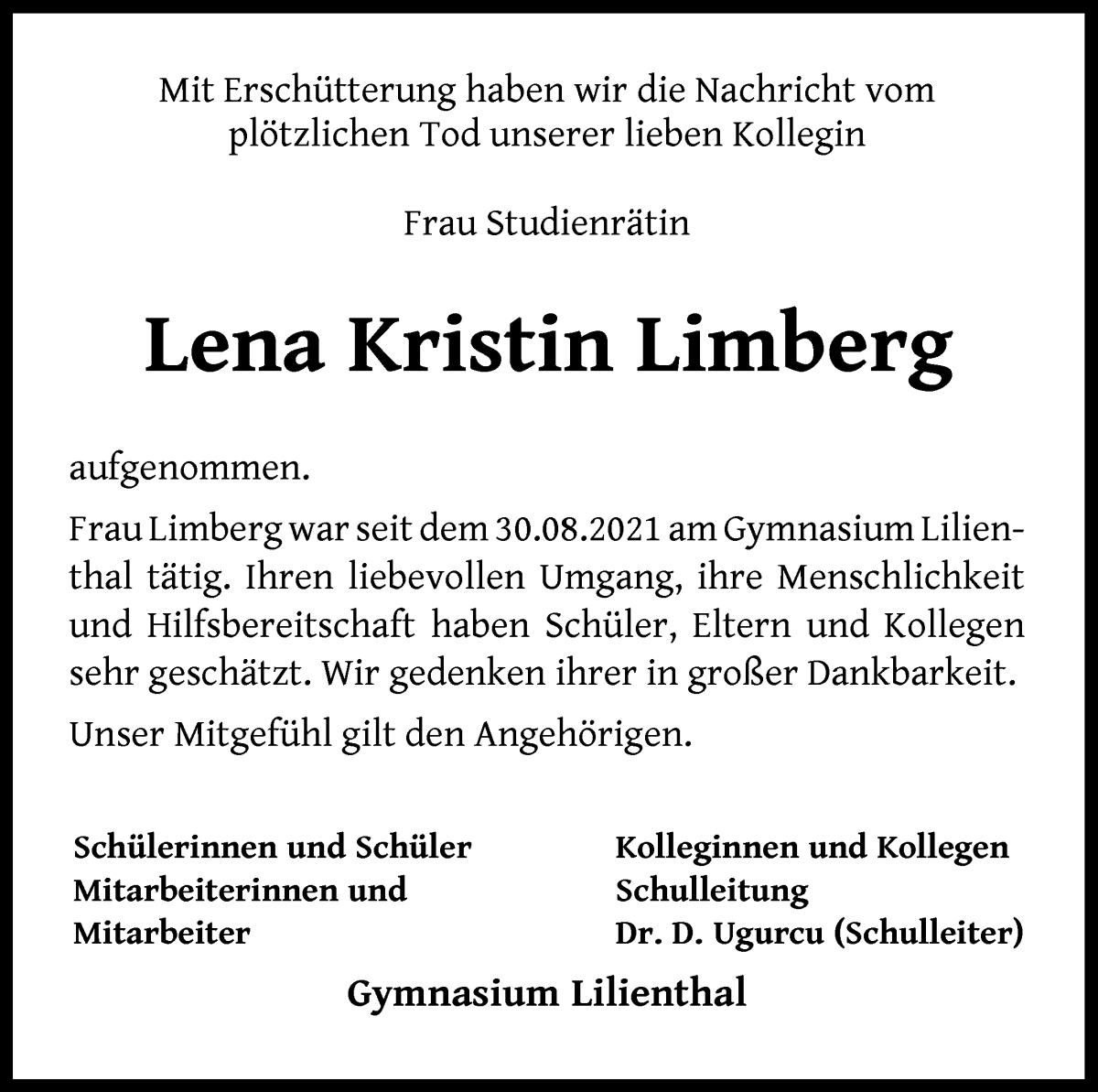 Traueranzeige von Lena Kristin Limberg von Wuemme Zeitung