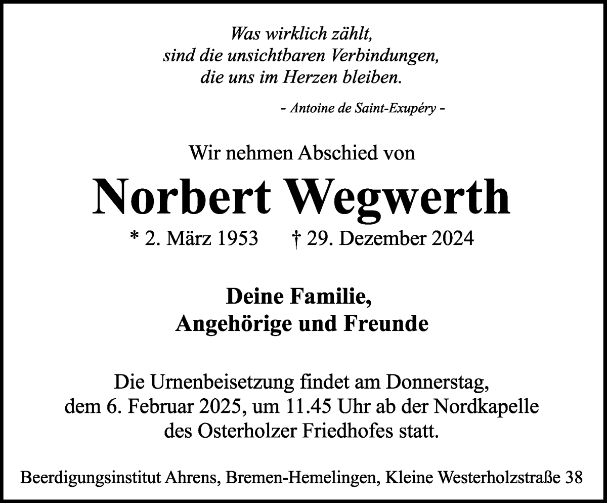 Traueranzeige von Norbert Wegwerth von WESER-KURIER