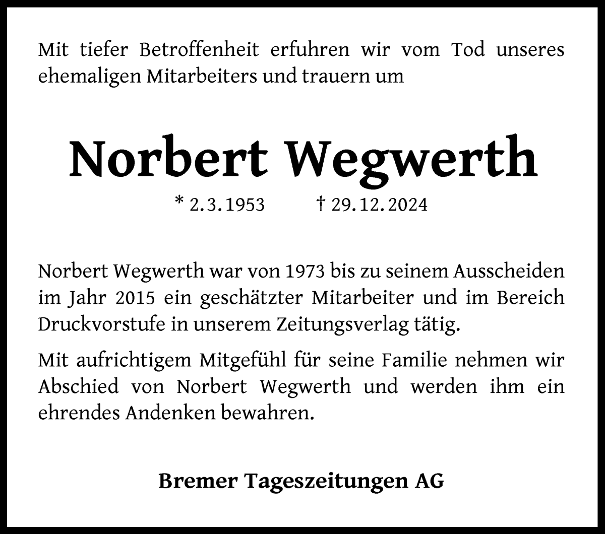 Traueranzeige von Norbert Wegwerth von WESER-KURIER
