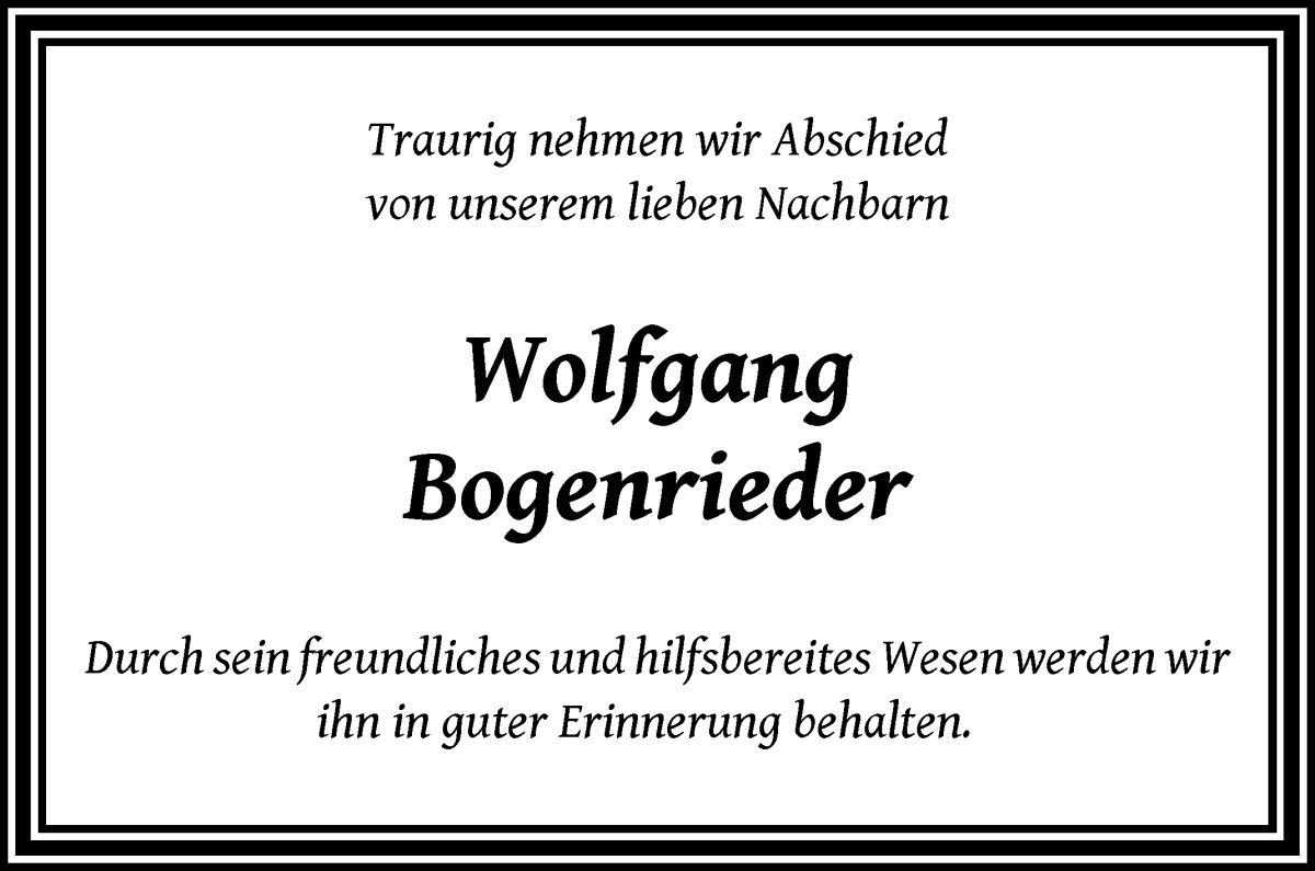 Traueranzeige von Wolfgang Bogenrieder von Die Norddeutsche
