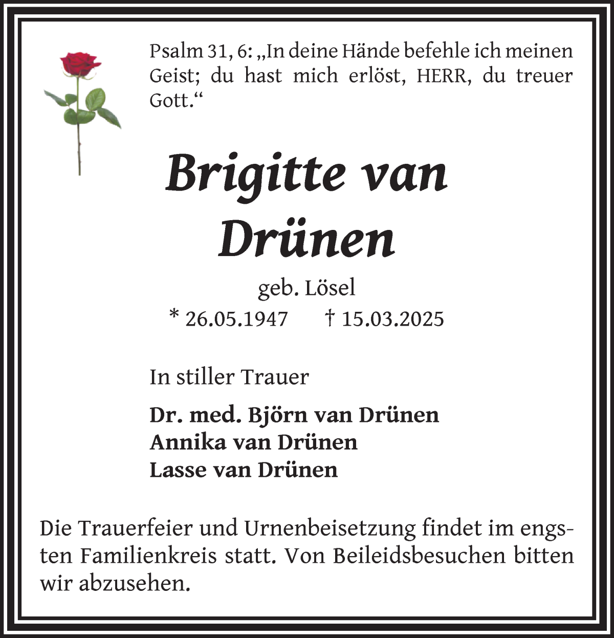 Traueranzeige von Brigitte van Drünen von Wuemme Zeitung