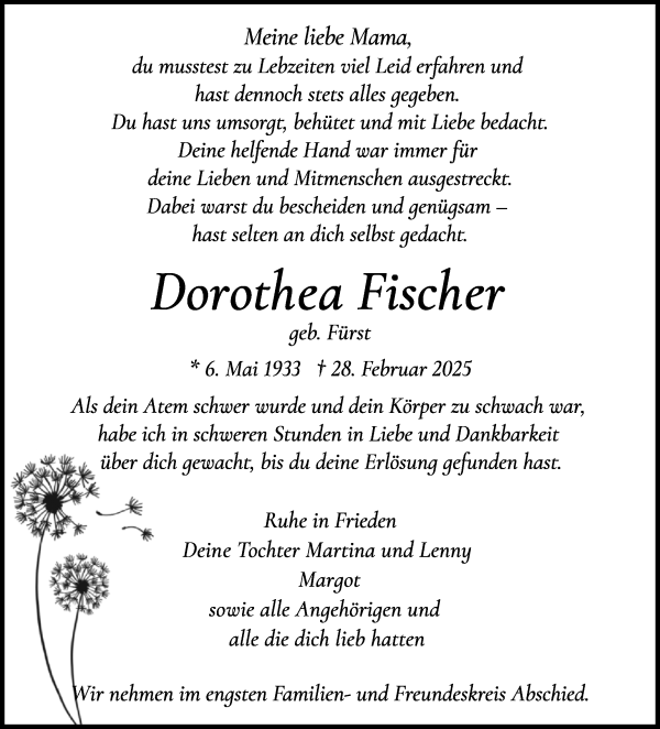 Traueranzeige von Dorothea Fischer von WESER-KURIER