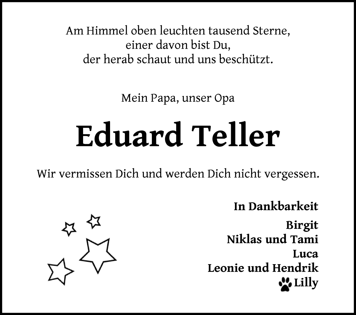 Traueranzeige von Eduard Teller von Wuemme Zeitung