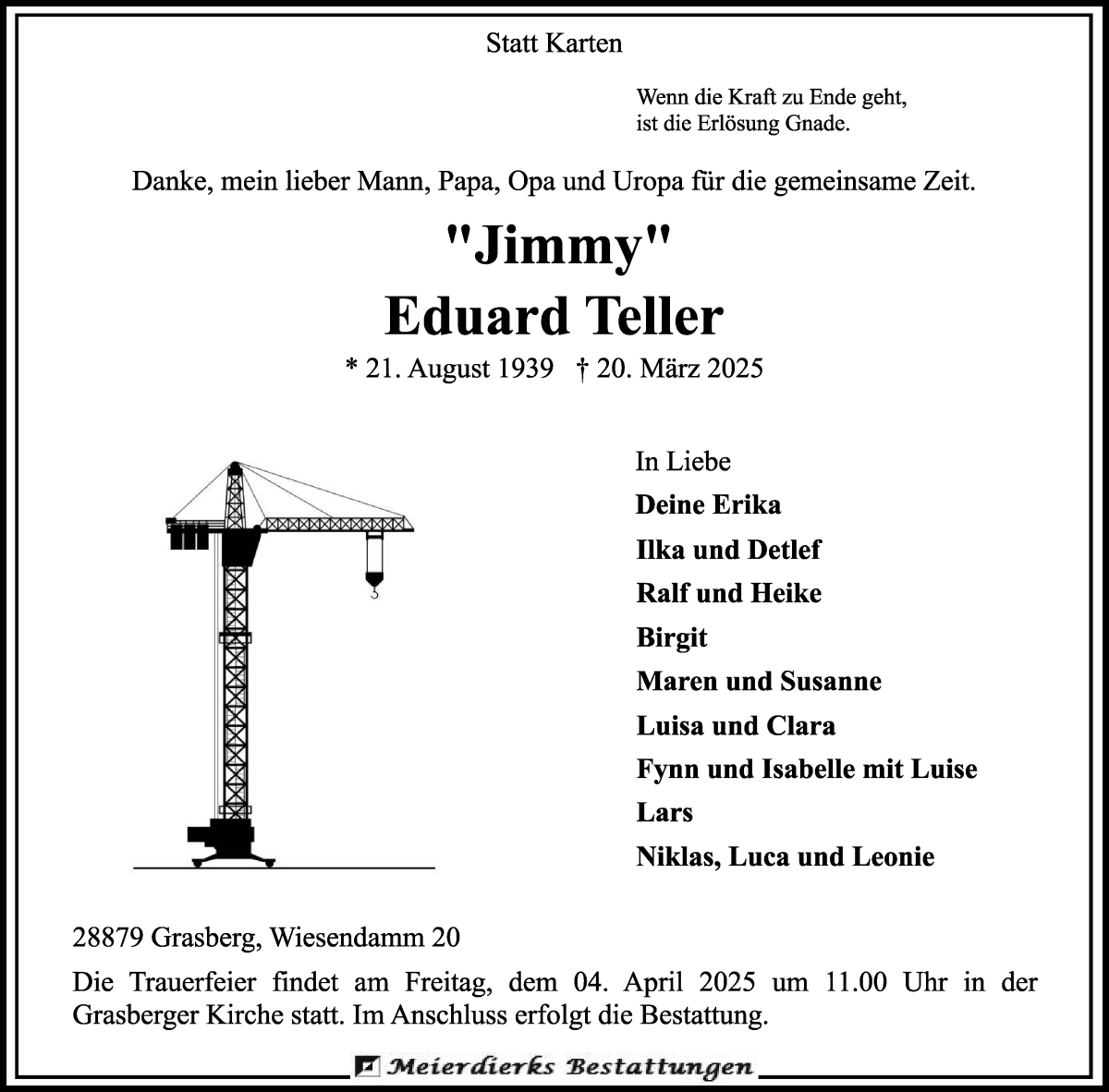 Traueranzeige von Eduard Teller von Wuemme Zeitung