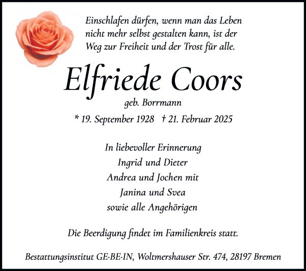 Traueranzeige von Elfriede Coors von WESER-KURIER