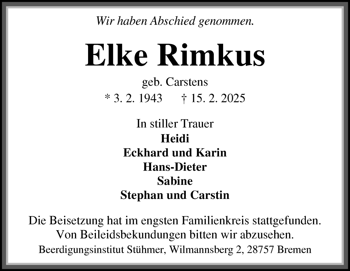 Traueranzeige von Elke Rimkus von Die Norddeutsche