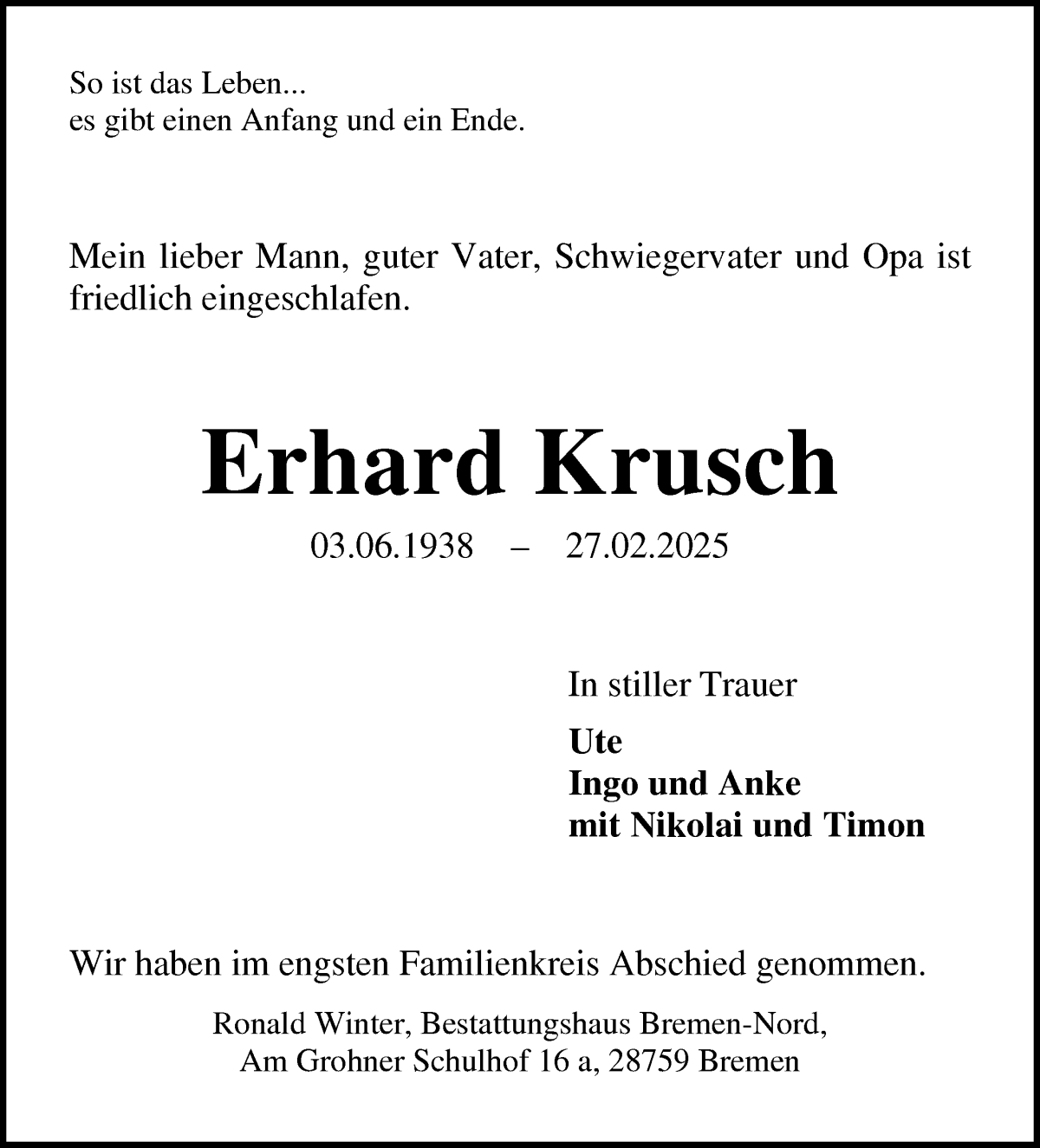 Traueranzeige von Erhard Krusch von Die Norddeutsche