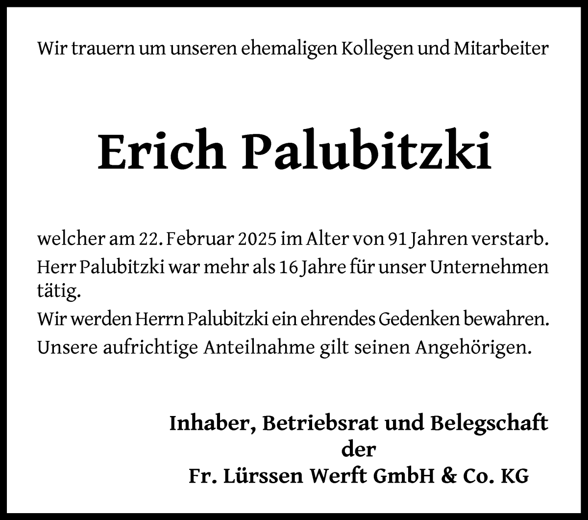 Traueranzeige von Erich Palubitzki von Die Norddeutsche