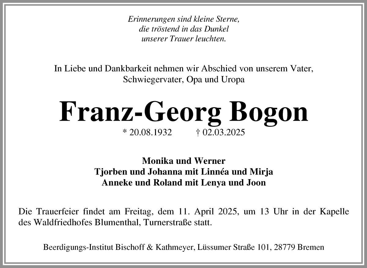Traueranzeige von Franz Georg Bogon von Die Norddeutsche