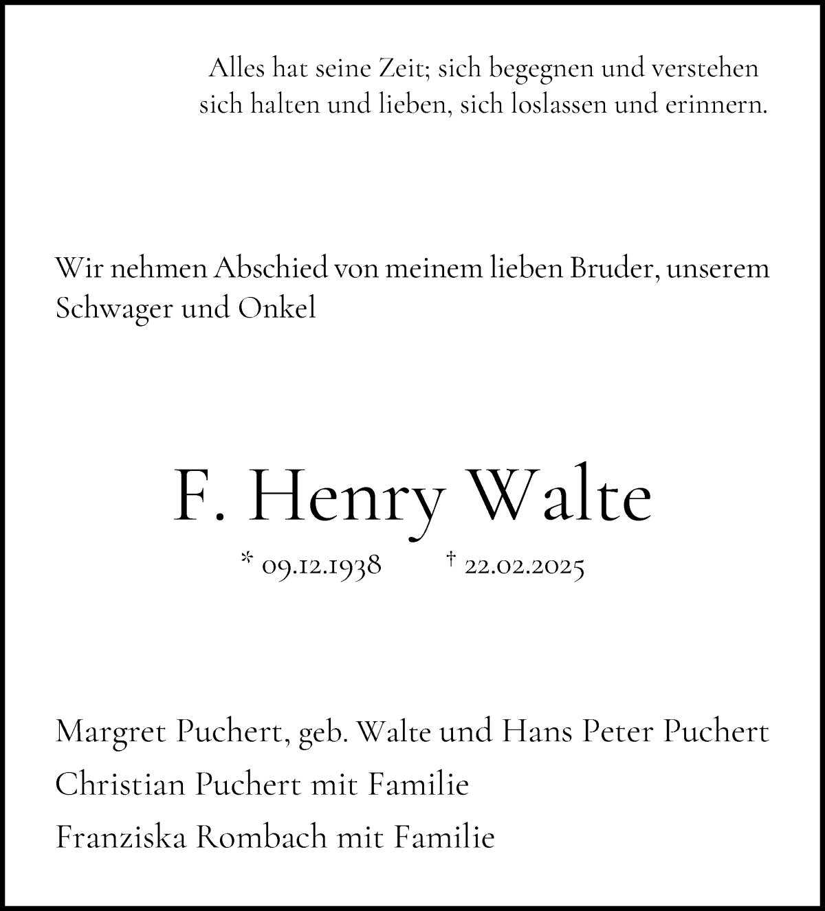 Traueranzeige von Franz Henry Walte von WESER-KURIER