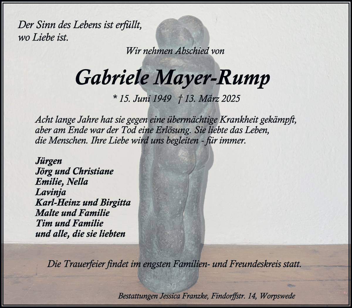 Traueranzeige von Gabriele Mayer-Rump von Wuemme Zeitung