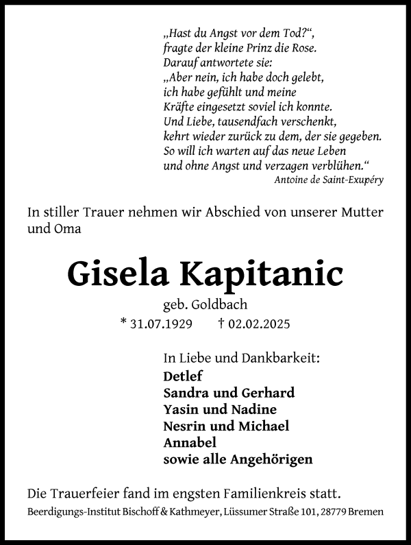 Traueranzeige von Gisela Kapitanic von Die Norddeutsche