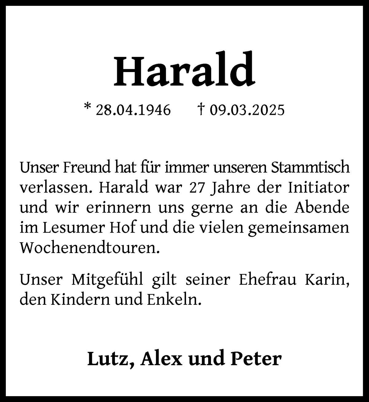 Traueranzeige von Harald Tete von Die Norddeutsche
