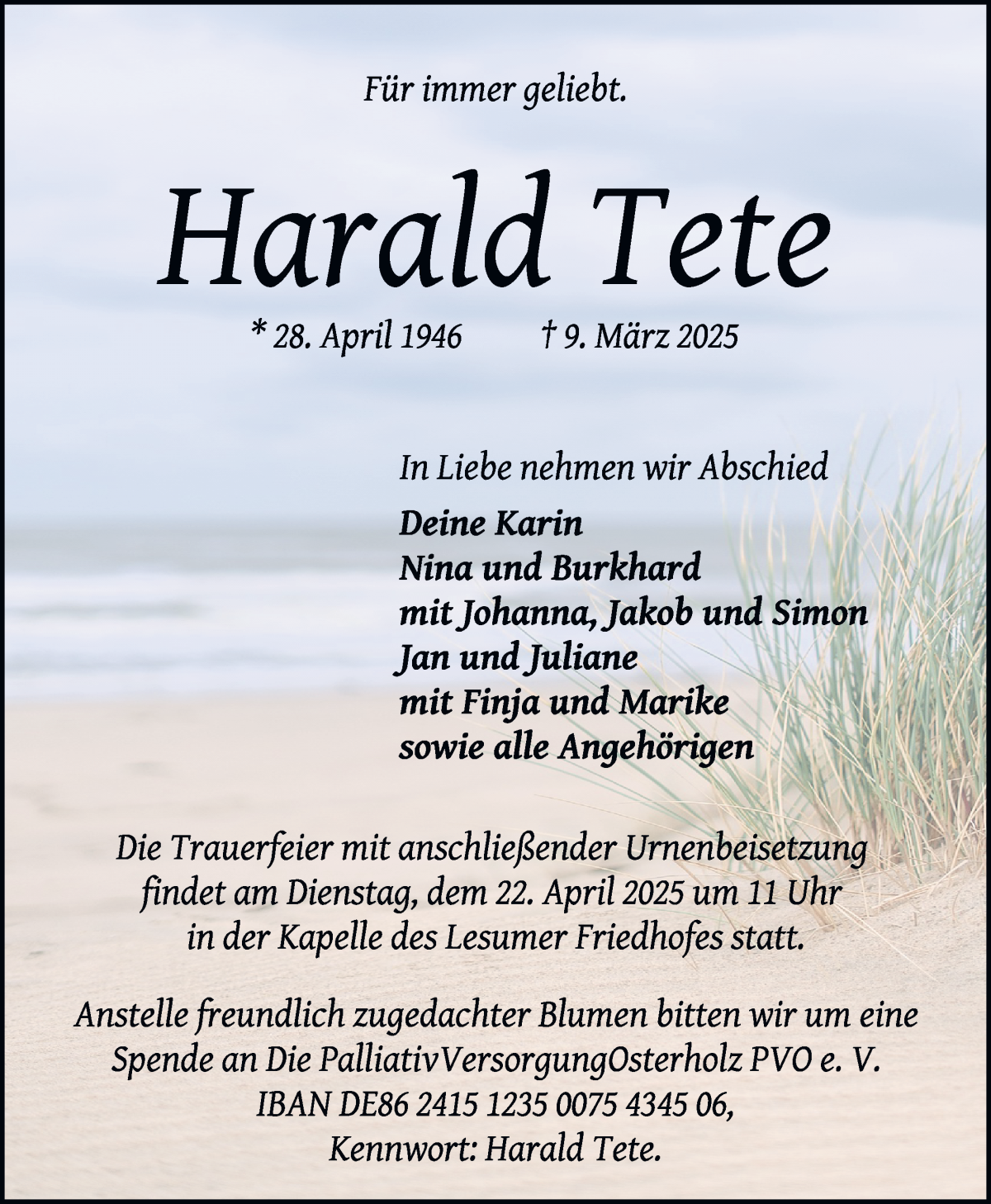 Traueranzeige von Harald Tete von Die Norddeutsche