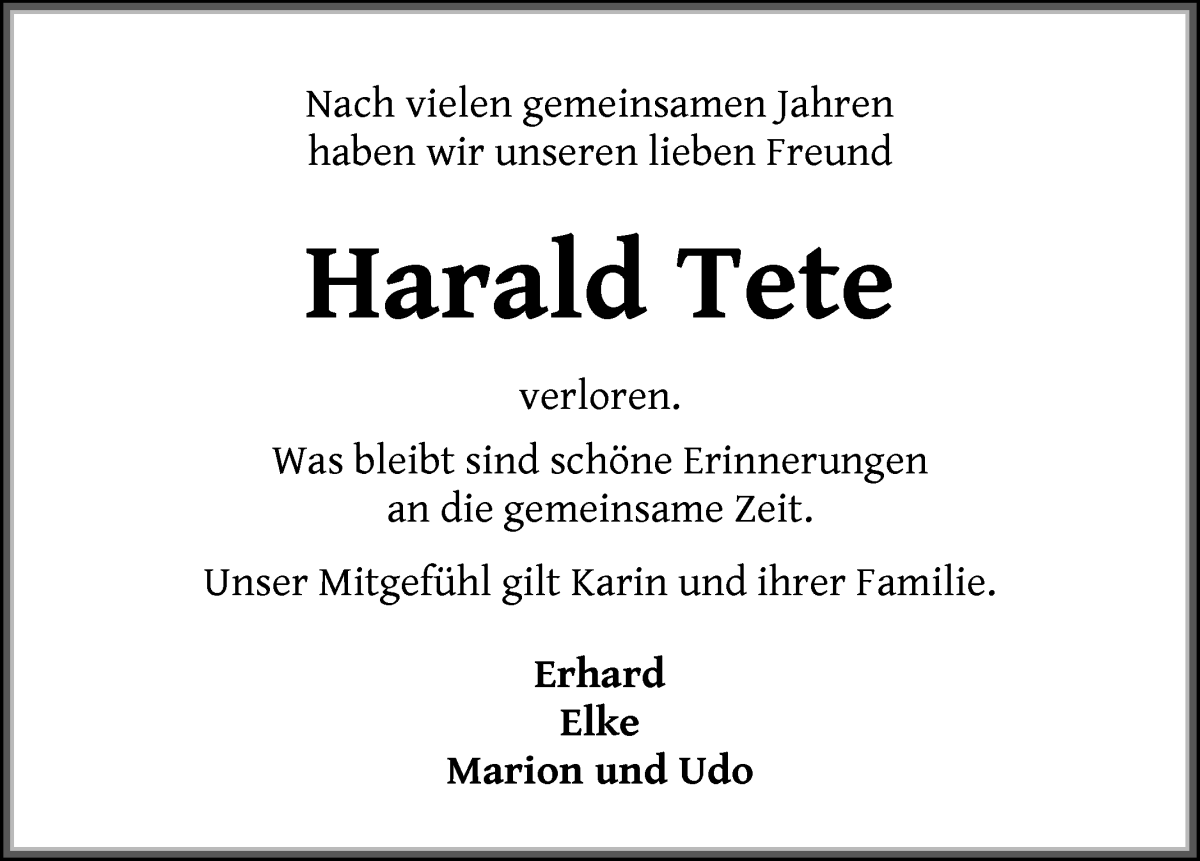 Traueranzeige von Harald Tete von Die Norddeutsche