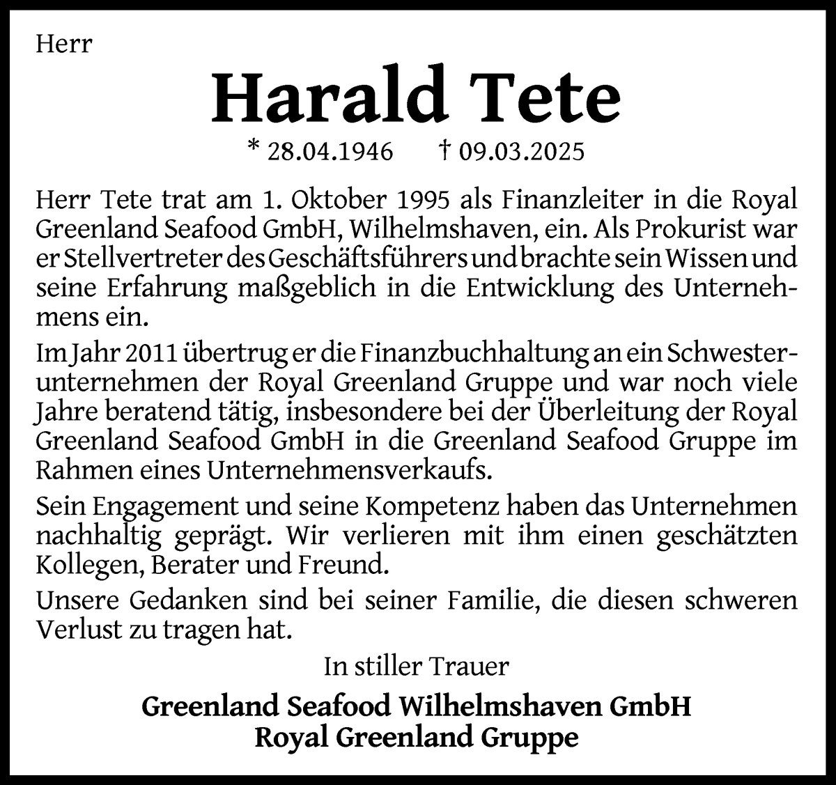 Traueranzeige von Harald Tete von Die Norddeutsche