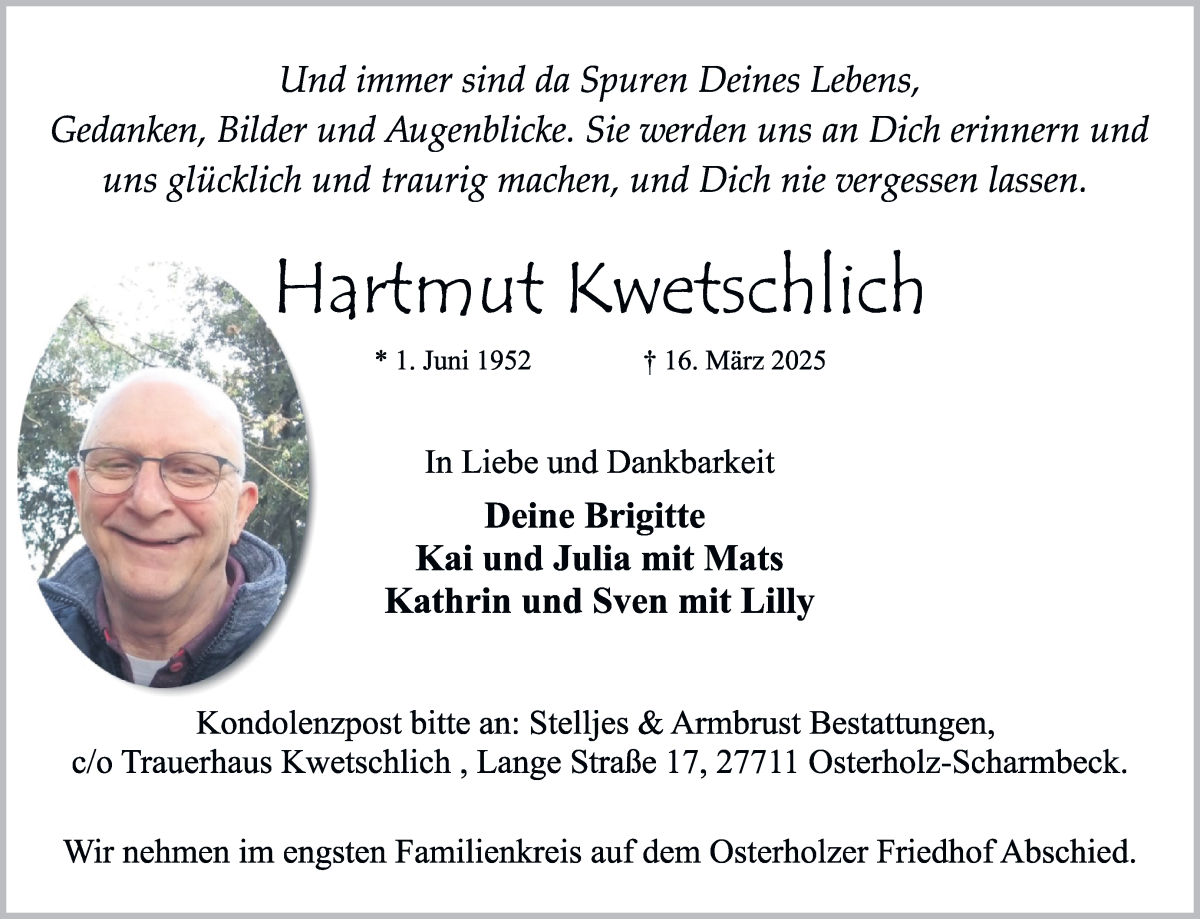  Traueranzeige für Hartmut Kwetschlich vom 19.03.2025 aus Osterholzer Kreisblatt