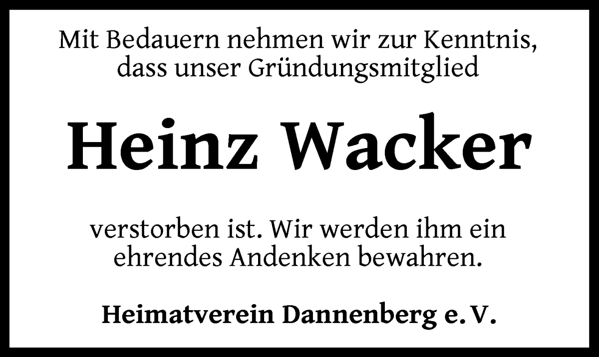 Traueranzeige von Heinz Wacker von Wuemme Zeitung