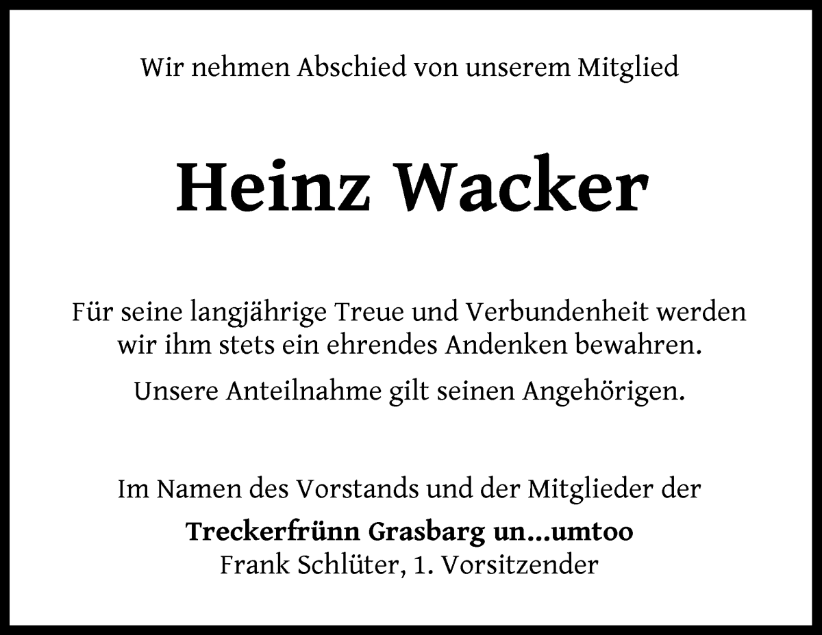 Traueranzeige von Heinz Wacker von Wuemme Zeitung
