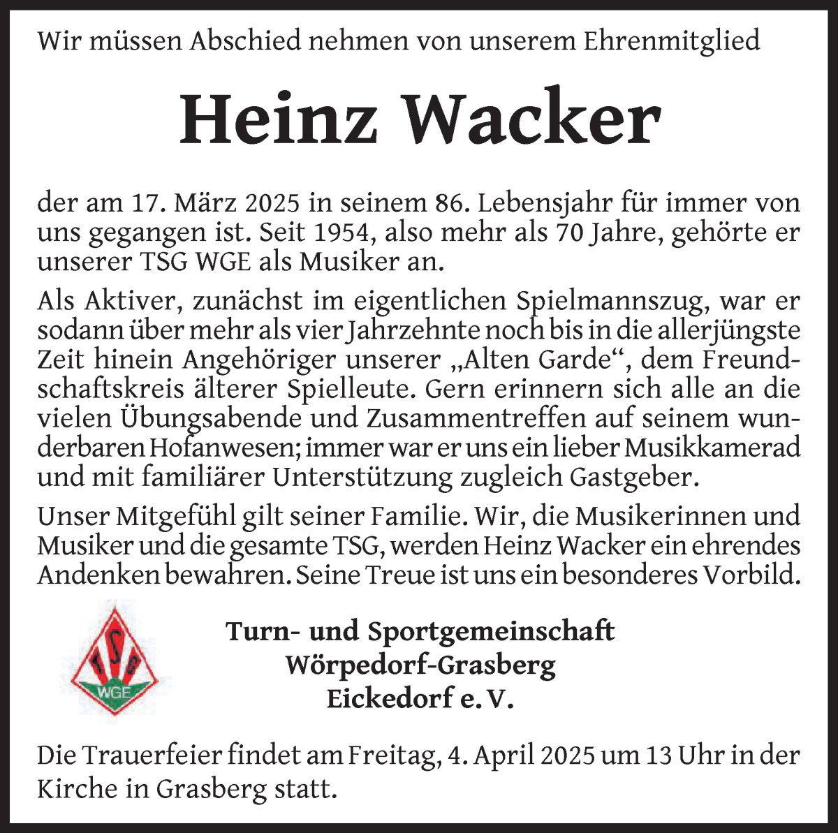 Traueranzeige von Heinz Wacker von Wuemme Zeitung