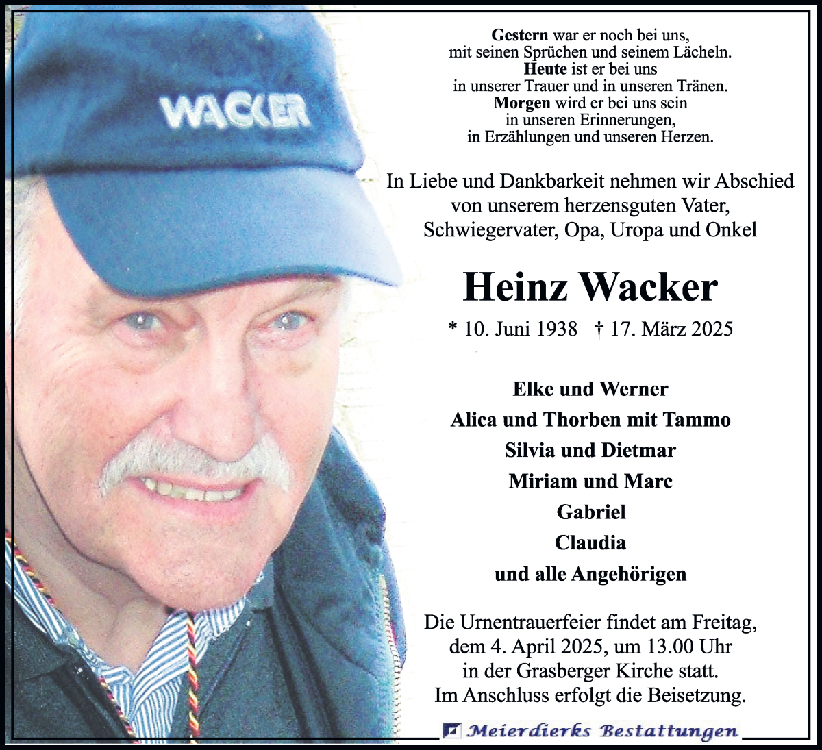 Traueranzeige von Heinz Wacker von Wuemme Zeitung