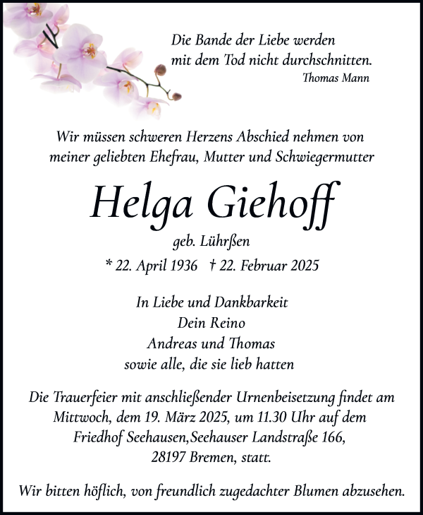 Traueranzeige von Helga Giehoff von WESER-KURIER