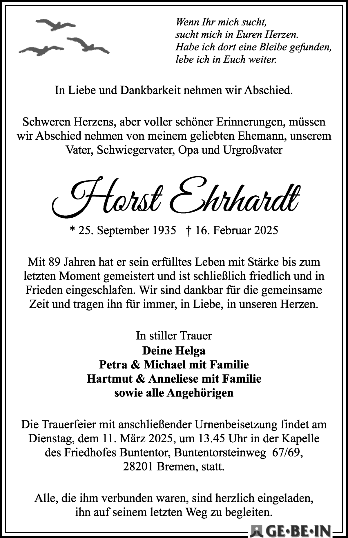 Traueranzeige von Horst Ehrhardt von WESER-KURIER