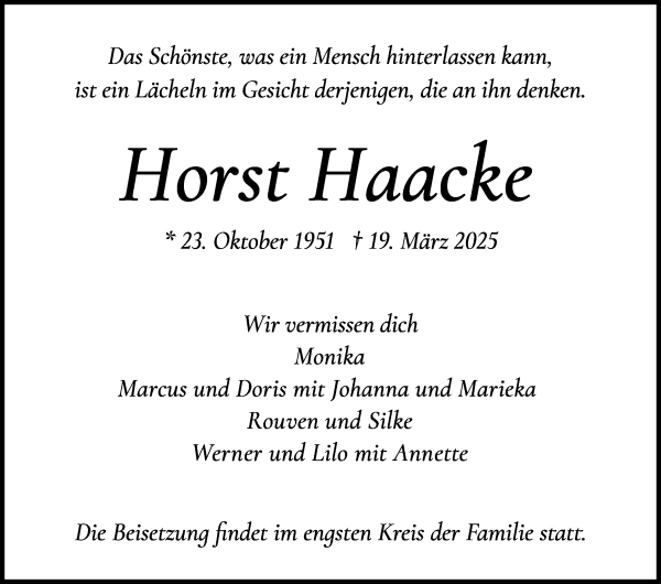 Traueranzeige von Horst Haacke von WESER-KURIER