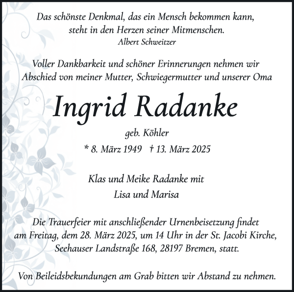 Traueranzeige von Ingrid Radanke von WESER-KURIER