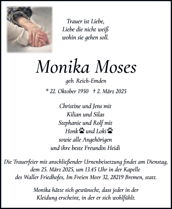 Traueranzeige von Monika Moses von WESER-KURIER