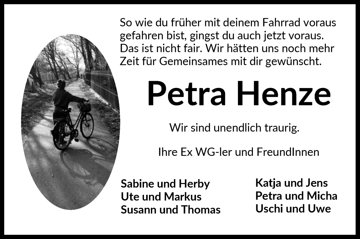 Traueranzeige von Petra Henze von Die Norddeutsche